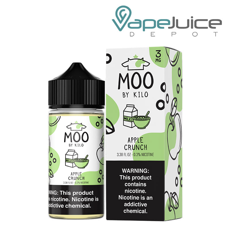 A 100ml bottle of Apple Crunch Moo eLiquids and a box with a warning sign next to it - Vape Juice Depot