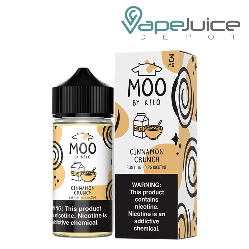A 100ml bottle of Cinnamon Crunch Moo eLiquids and a box with a warning sign next to it - Vape Juice Depot
