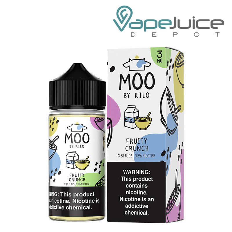 A 100ml bottle of Fruity Crunch Moo eLiquids and a box with a warning sign next to it - Vape Juice Depot