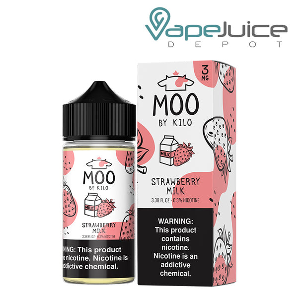 A 100ml bottle of Strawberry Milk Moo eLiquids and a box with a warning sign next to it - Vape Juice Depot