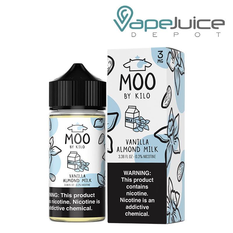 A 100ml bottle of Vanilla Almond Milk Moo eLiquids and a box with a warning sign next to it - Vape Juice Depot
