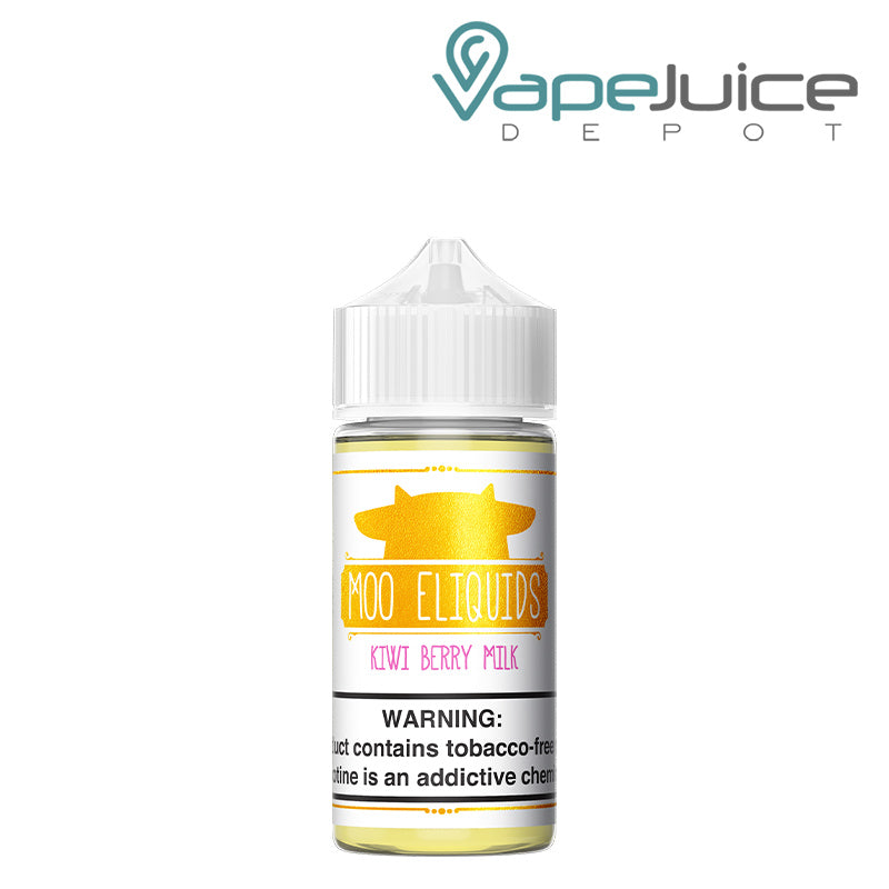 A 100ml bottle of Kiwi Berry Milk Moo eLiquids with a warning sign - Vape Juice Depot