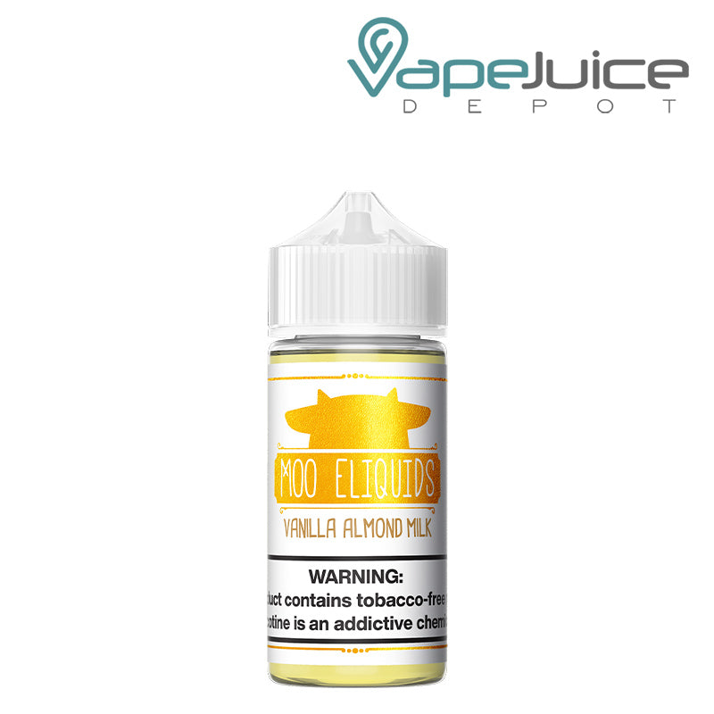 A 100ml bottle of Vanilla Almond Milk Moo eLiquids with a warning sign - Vape Juice Depot