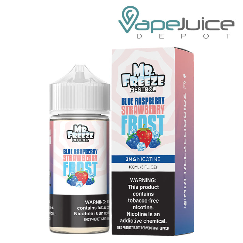 A 100ml bottle of Blue Razz Strawberry Frost Mr Freeze and a box with a warning sign next to it - Vape Juice Depot