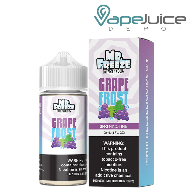 A 100ml bottle of Grape Frost Mr Freeze and a box with a warning sign next to it - Vape Juice Depot