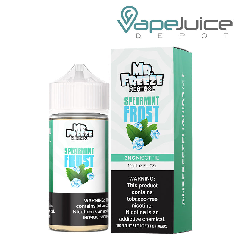 A 100ml bottle of Spearmint Frost Mr Freeze and a box with a warning sign next to it - Vape Juice Depot