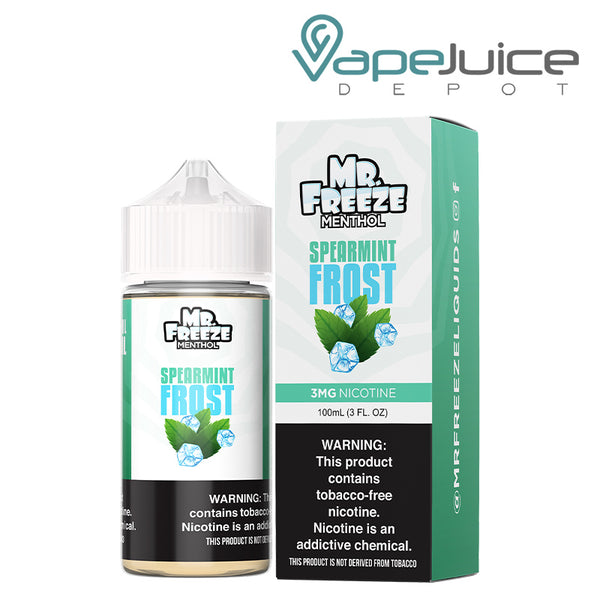 A 100ml bottle of Spearmint Frost Mr Freeze and a box with a warning sign next to it - Vape Juice Depot