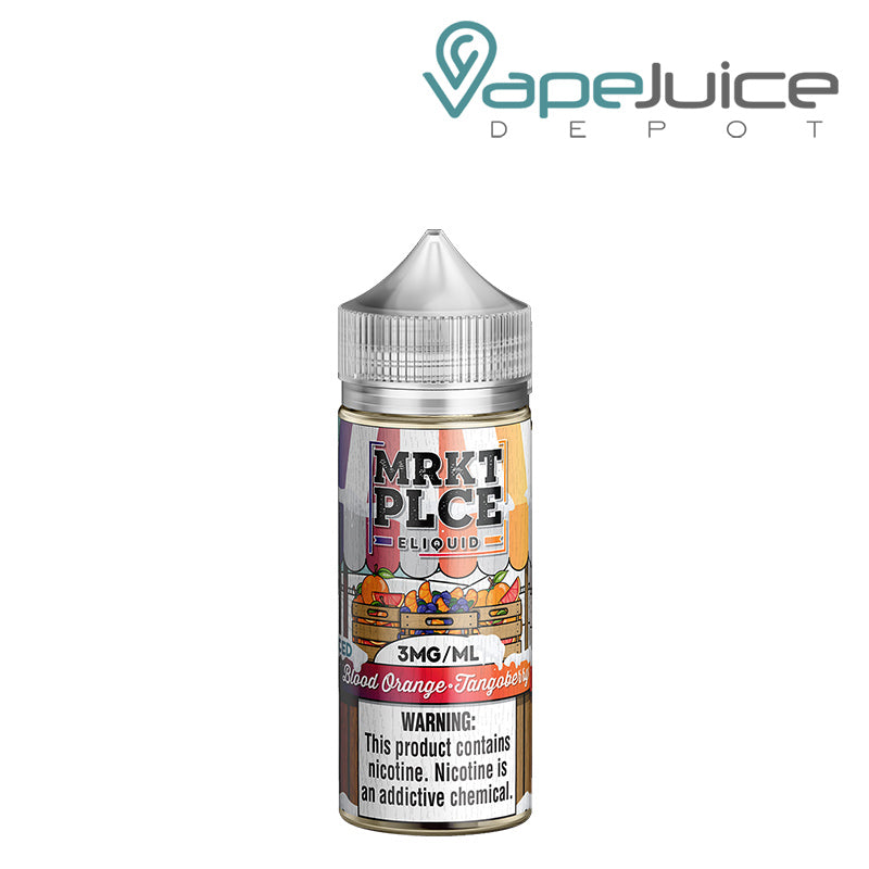 A 100ml bottle of Iced Blood Orange Tangoberry MRKTPLCE with a warning sign - Vape Juice Depot