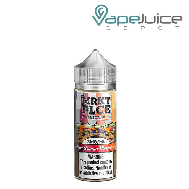 A 100ml bottle of Blood Orange Tangoberry MRKTPLCE with a warning sign - Vape Juice Depot