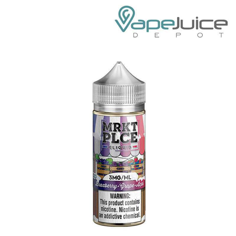 A 100ml bottle of Iced Brazberry Grape Acai MRKTPLCE with a warning sign - Vape Juice Depot