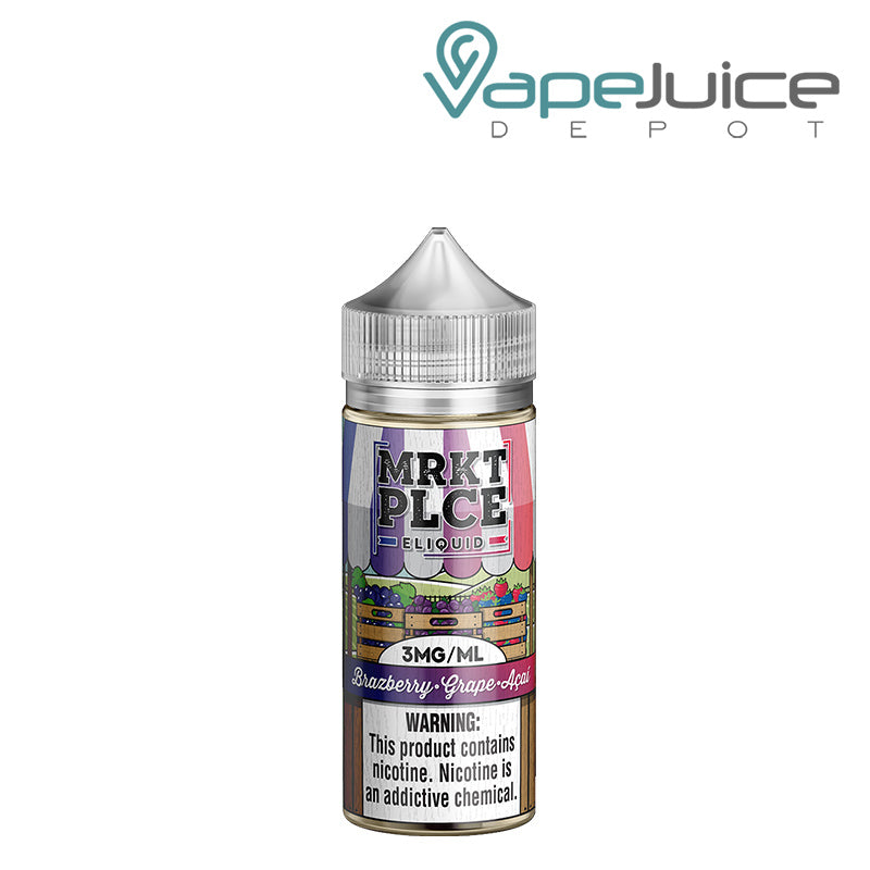 A 100ml bottle of Brazberry Grape Acai MRKTPLCE with a warning sign - Vape Juice Depot