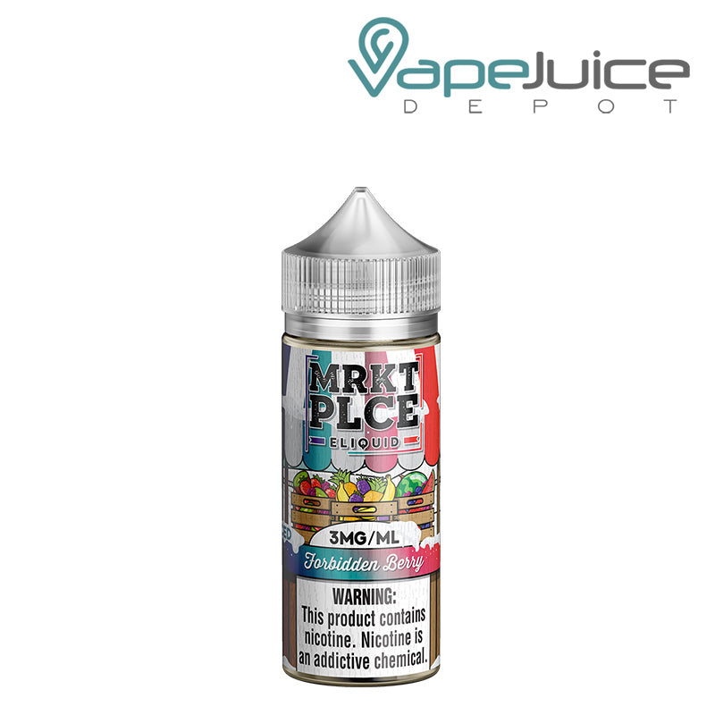 A 100ml bottle of Iced Forbidden Berry MRKTPLCE with a warning sign - Vape Juice Depot