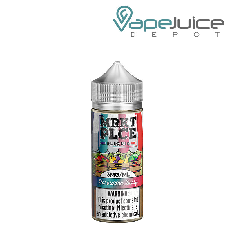 A 100ml bottle of Forbidden Berry MRKTPLCE with a warning sign - Vape Juice Depot