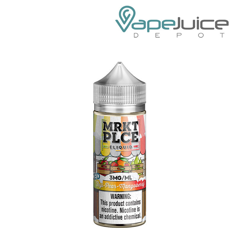 A 100ml bottle of Iced Fuji Pear Mangoberry MRKTPLCE with a warning sign - Vape Juice Depot