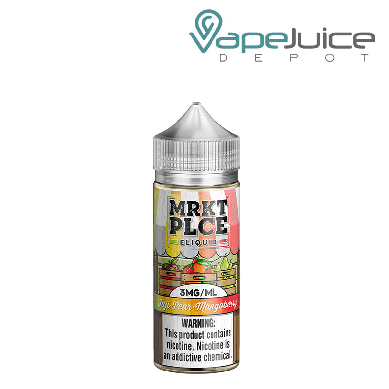 A 100ml bottle of Fuji Pear Mangoberry MRKTPLCE with a warning sign - Vape Juice Depot