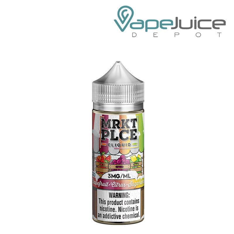 A 100ml bottle of Iced Grapefruit Citrus Sugarberry MRKTPLCE with a warning sign - Vape Juice Depot