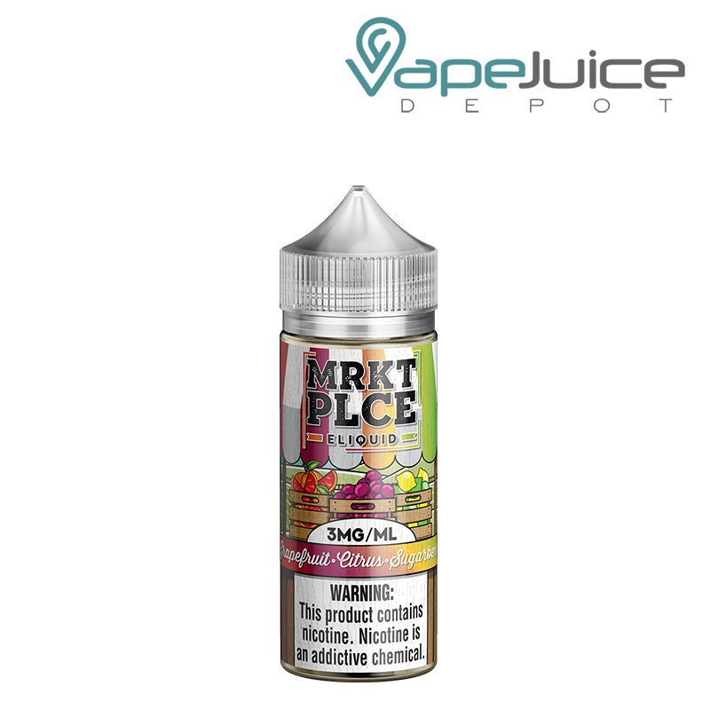 A 100ml bottle of Grapefruit Citrus Sugarberry MRKTPLCE with a warning sign - Vape Juice Depot