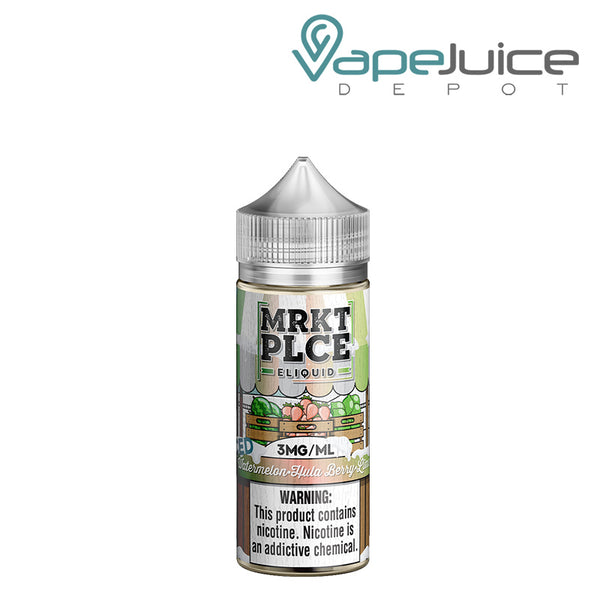 A 100ml bottle of Iced Watermelon Hulaberry Lime MRKTPLCE with a warning sign - Vape Juice Depot