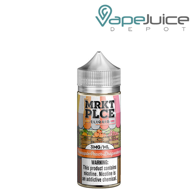 A 100ml bottle of Pineapple Peach Dragonberry MRKTPLCE with a warning sign - Vape Juice Depot