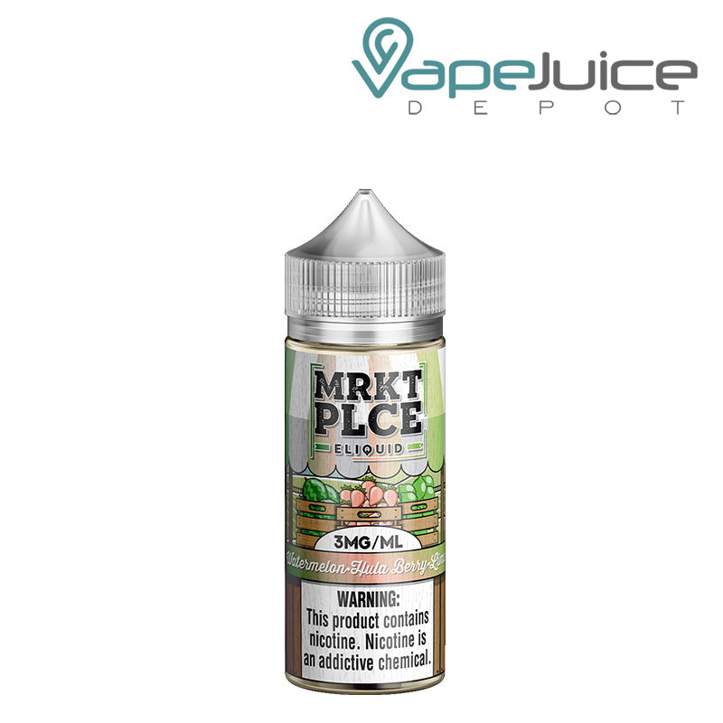 A 100ml bottle of Watermelon Hulaberry Lime MRKTPLCE with a warning sign - Vape Juice Depot