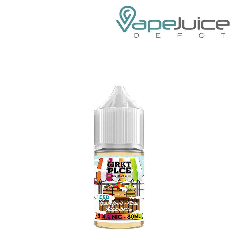 A 30ml bottle of Iced Grapefruit Citrus Sugarberry MRKTPLCE Salts with a warning sign - Vape Juice Depot