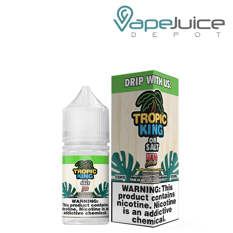 A 30ml bottle of Mad Melon Tropic King On Salt and a box with a warning sign next to it - Vape Juice Depot