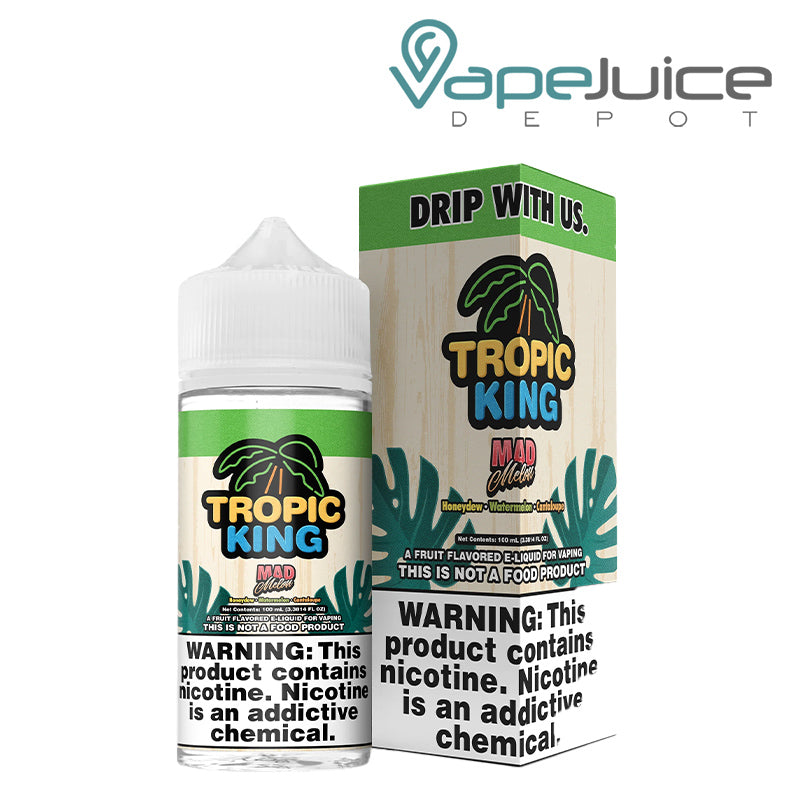 A 100ml bottle of Mad Melon Tropic King eLiquid and a box with a warning sign next to it - Vape Juice Depot