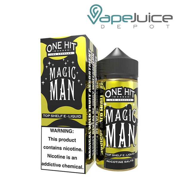 A box of Magic Man One Hit Wonder with a warning sign and a 100ml bottle next to it - Vape Juice Depot