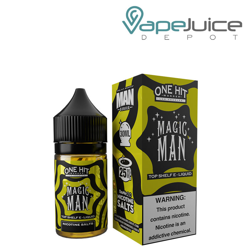 A 30ml bottle of Magic Man Nicotine Salt eLiquid One Hit Wonder and a box with a warning sign next to it - Vape Juice Depot