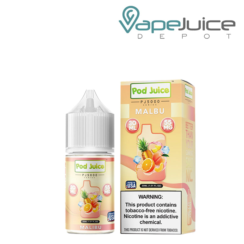 A 30ml bottle of Malibu Pod Juice PJ5000 TFN Salt and a box with a warning sign next to it - Vape Juice Depot