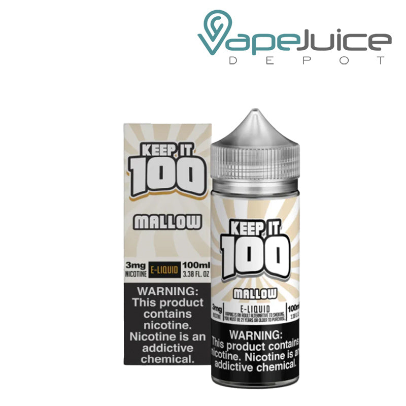 A Box of Mallow Keep it 100 TFN eLiquid with a warning sign and a 100ml bottle next to it - Vape Juice Depot