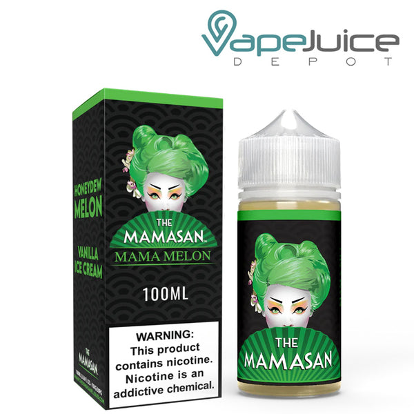 A box of Mama Melon The Mamasan eLiquid with a warning sign and a 100ml bottle next to it - Vape Juice Depot