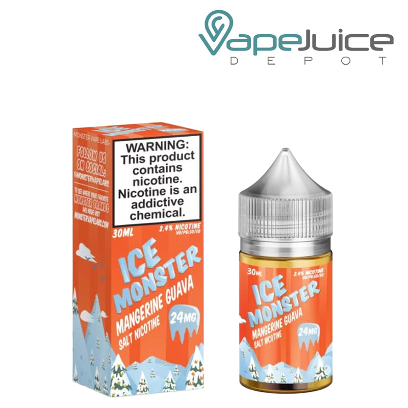 A box of Mangerine Guava Ice Monster Salts with a warning sign and a 30 ml bottle next to it- Vape Juice Depot