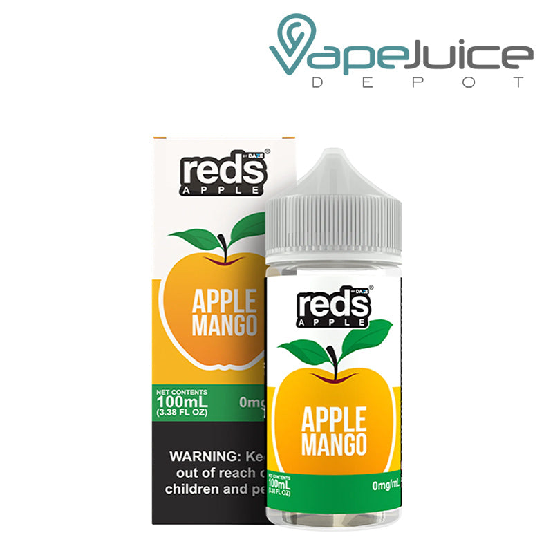 A box of Mango 7Daze Reds Apple eJuice 100ml with a warning sign and a 100ml bottle next to it - Vape Juice Depot
