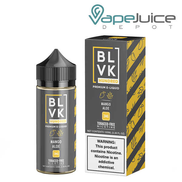 A 100ml Bottle of Mango Aloe BLVK Hundred TFN eLiquid and a box with a warning sign next to it - Vape Juice Depot