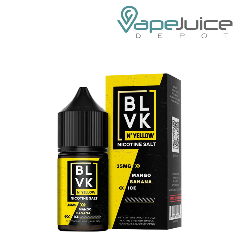 A 30ml bottle of Mango Banana Ice BLVK N' Yellow Salt and a box next to it - Vape Juice Depot