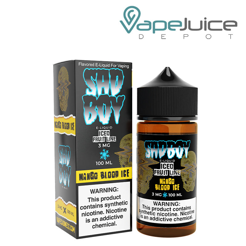 A box of Mango Blood Ice SadBoy eLiquid with a warning sign and a 100ml bottle next to it - Vape Juice Depot