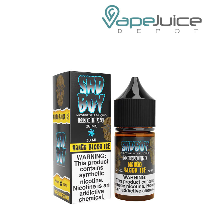 A Box of Mango Blood Ice Salt SadBoy eLiquid with a warning sign next to its 30ml bottle - Vape Juice Depot