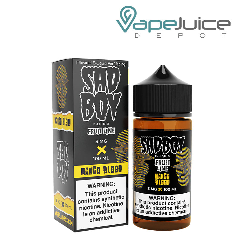 A box of Mango Blood SadBoy eLiquid with a warning sign and a 100ml bottle next to it - Vape Juice Depot