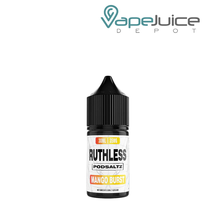 A 30ml bottle of Mango Burst Ruthless Essentials PodSaltz - Vape Juice Depot