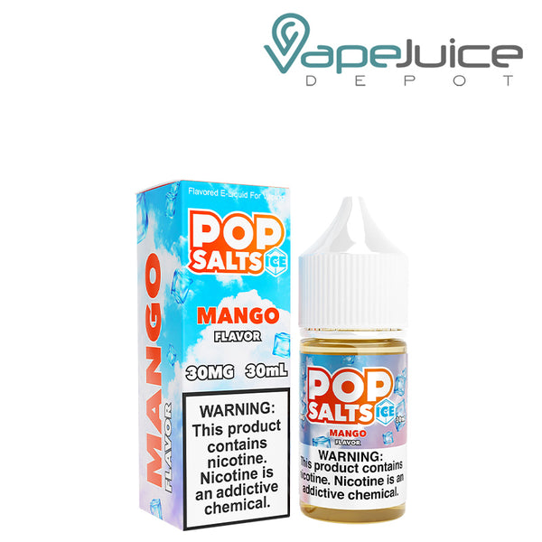 A box of Mango Ice Pop Salts 30ml with a warning sign and a bottle next to it - Vape Juice Depot
