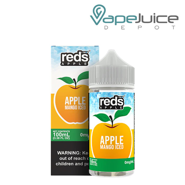 A box of Mango Iced 7Daze Reds Apple eJuice 100ml with a warning sign and a 100ml bottle next to it - Vape Juice Depot