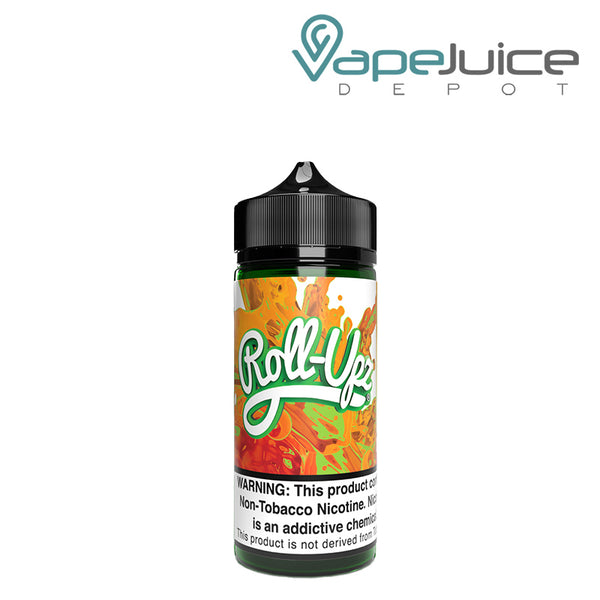 A 100ml bottle of Mango Juice Roll Upz with a warning sign - Vape Juice Depot