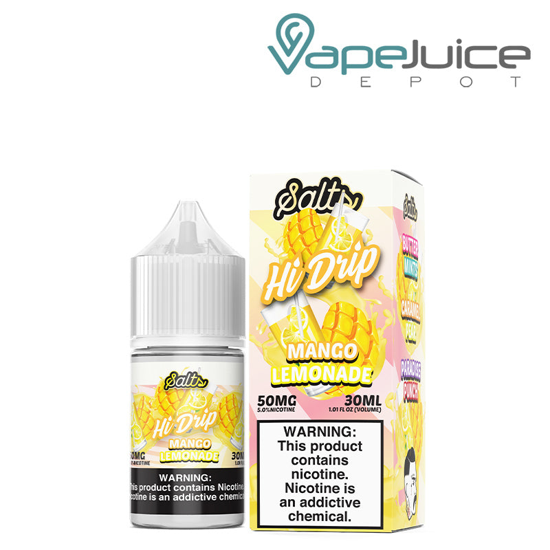 A 30ml bottle of Mango Lemonade Hi Drip Salts and a box with a warning sign next to it - Vape Juice Depot