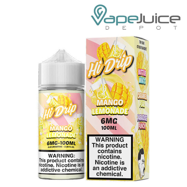 A 100ml bottle of Mango Lemonade Hi Drip eLiquid and a box with a warning sign next to it - Vape Juice Depot