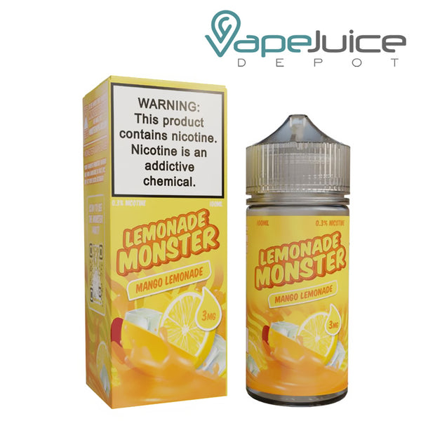 A Box of Mango Lemonade Lemonade Monster with a warning sign and a 100ml bottle next to it - Vape Juice Depot