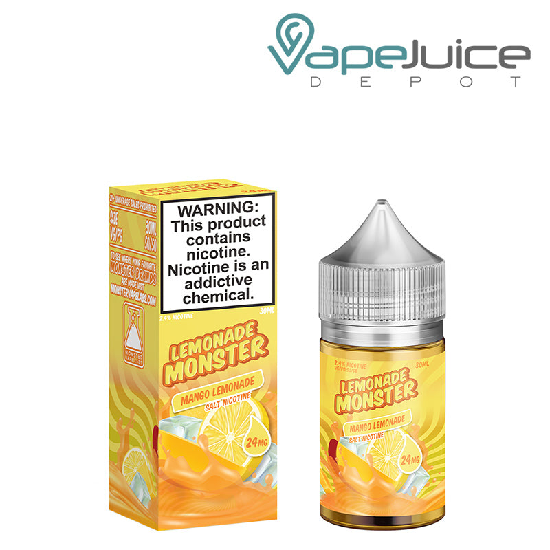 A Box of Mango Lemonade Lemonade Monster Salt with a warning sign and a 30ml bottle next to it - Vape Juice Depot