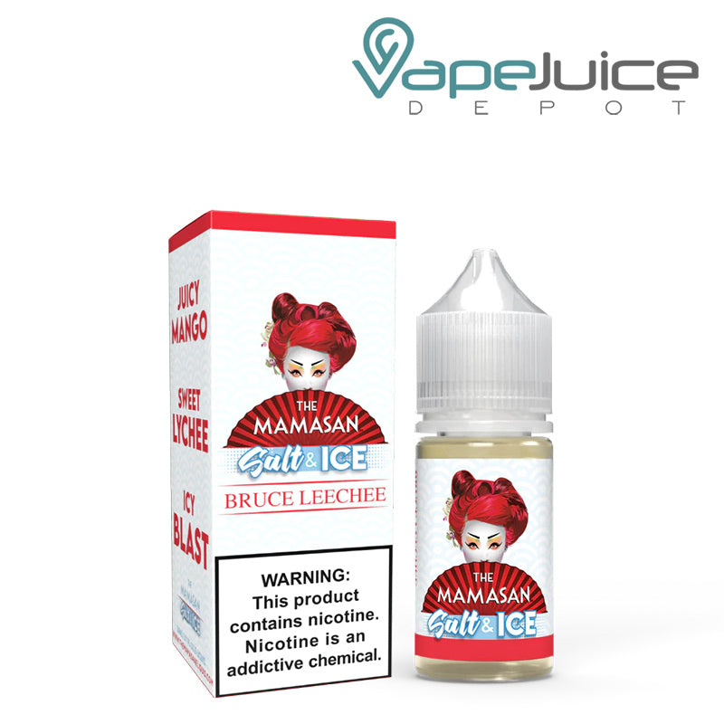 A box of Mango Lychee Ice Salt The Mamasan eLiquid with a warning sign and a 30ml bottle next to it - Vape Juice Depot