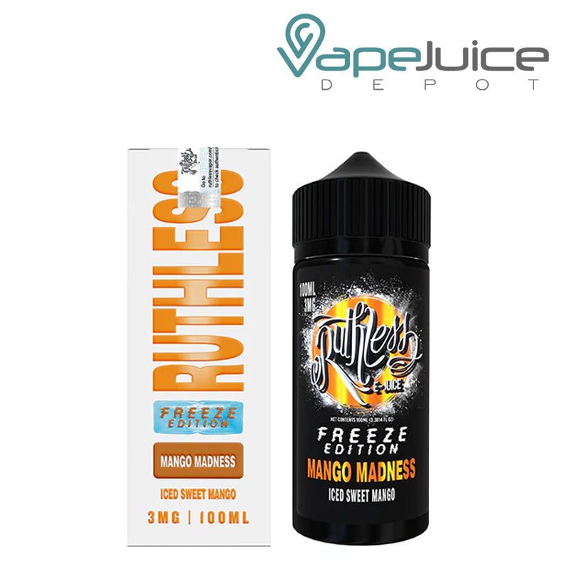 A box of Mango Madness Ruthless Freeze Edition and 100ml bottle next to it - Vape Juice Depot