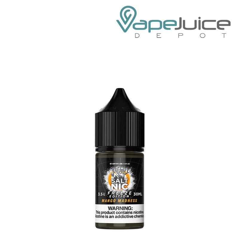 A 30ml bottle of Mango Madness Ruthless Freeze Salt with a warning sign - Vape Juice Depot